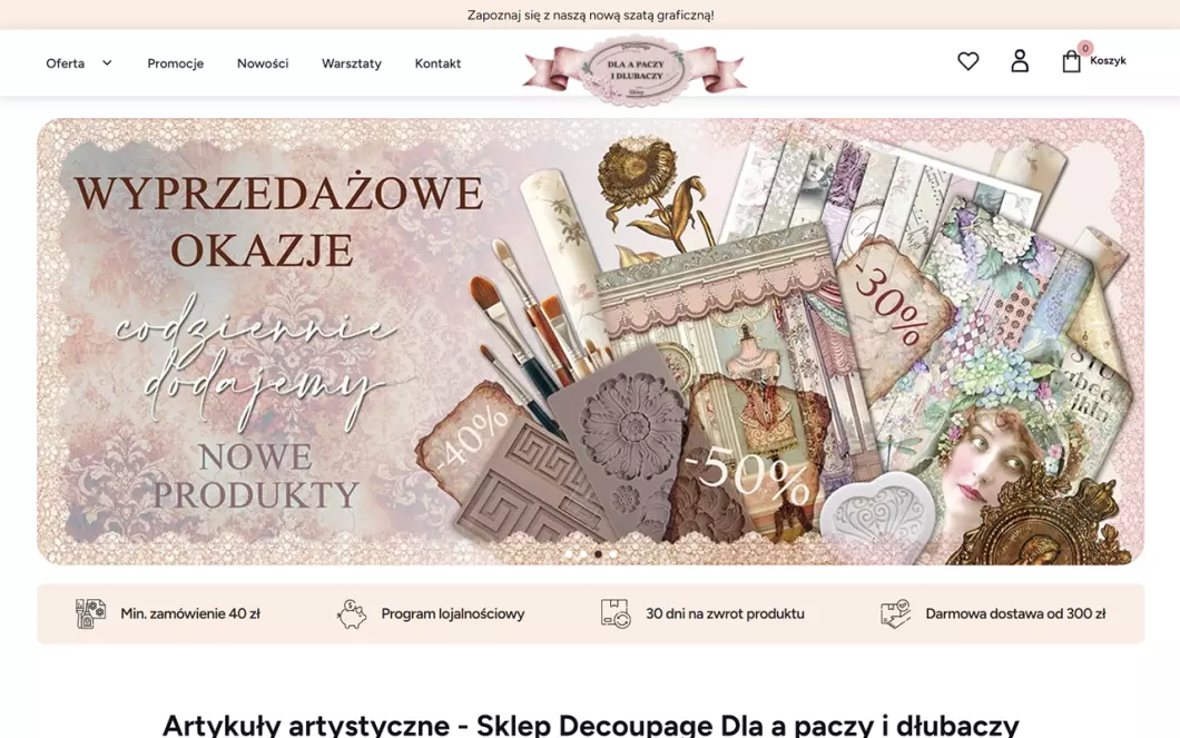 Zrzut ekranu strony internetowej firmy Artykuły artystyczne - Dla A Paczy i Dłubaczy